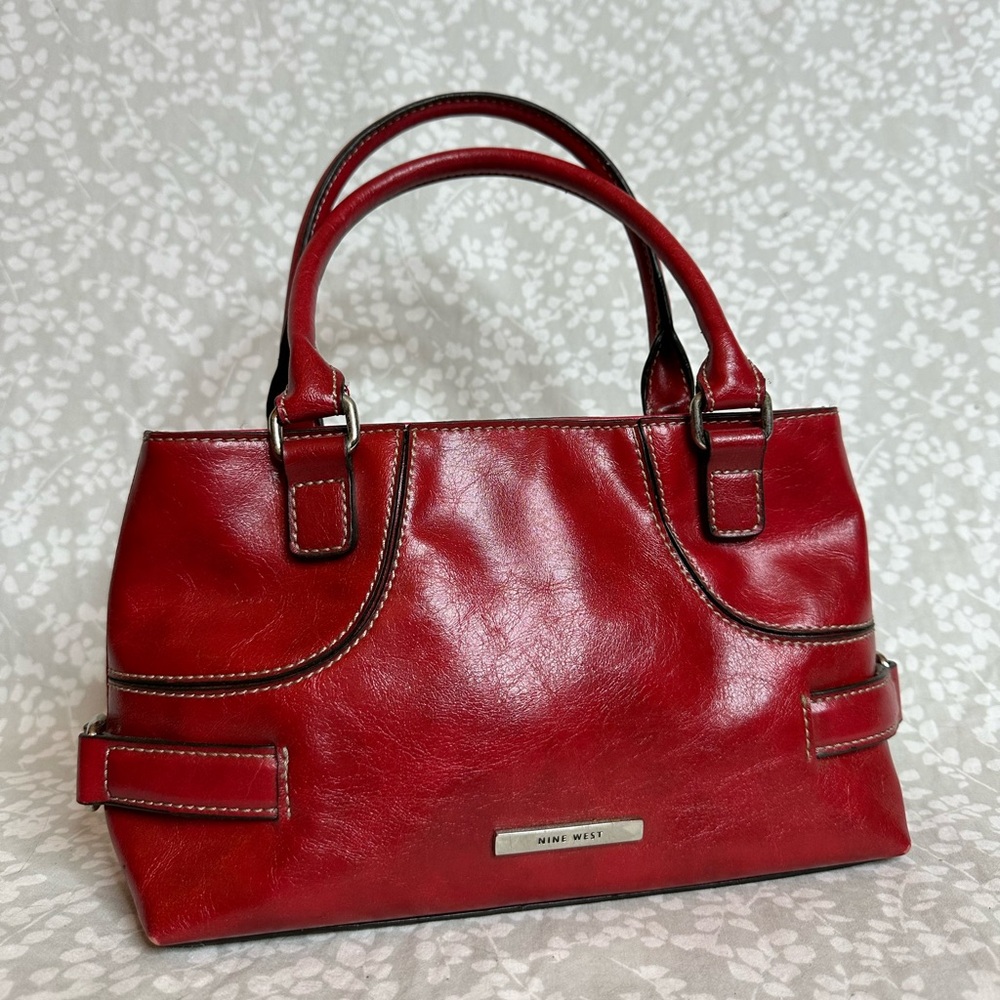 Vtg Nine West Faux Leather Red Shoulder Handbag Purse Silver Hardware